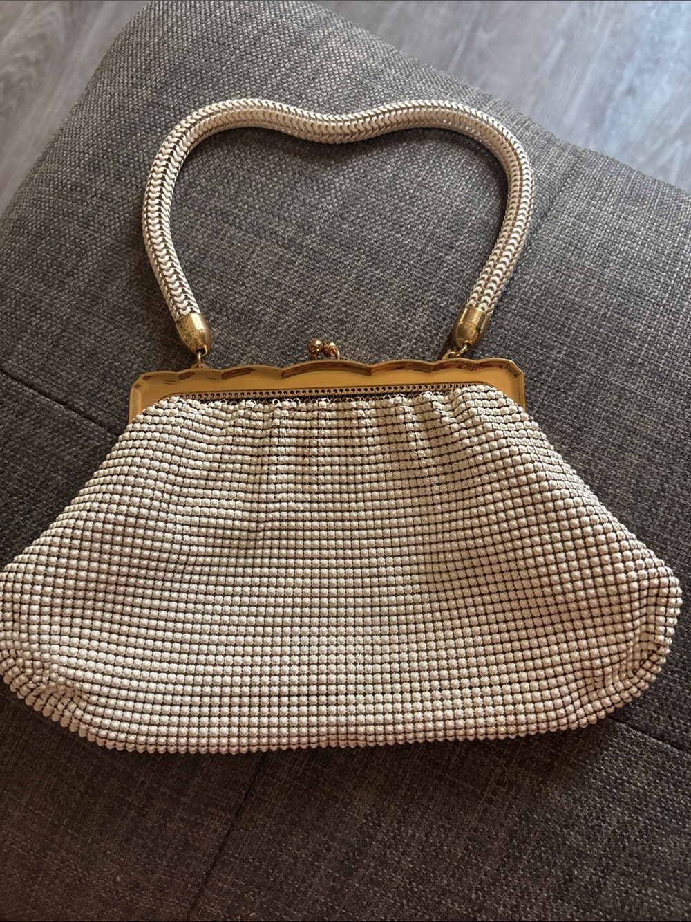 Whiting & Davis Cream Beaded Evening Bag with Gold Frame